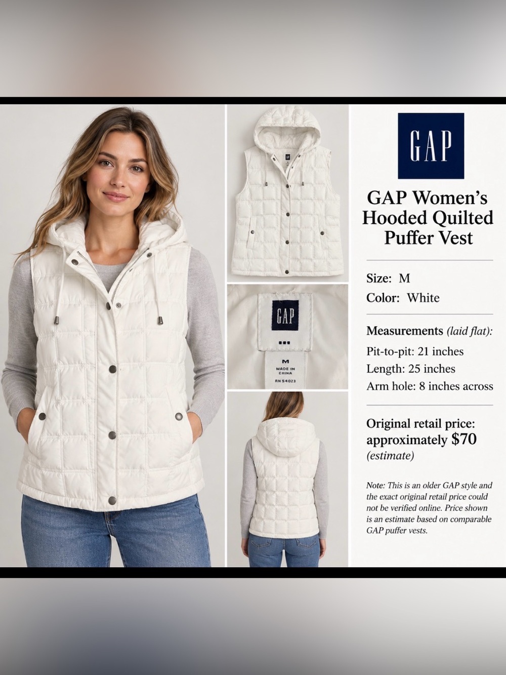GAP Women's White Hooded Quilted Puffer Vest, Size M